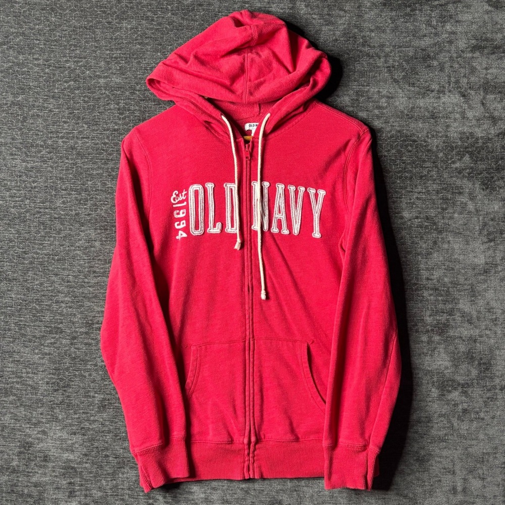 Y2K Old Navy Mens Red Graphic Logo Full Zip Fleece Hoodie Medium Casual Preppy